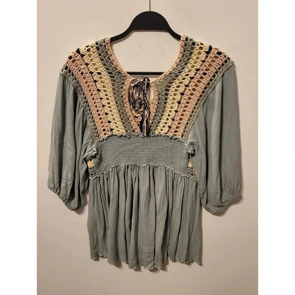 Easel Blue Crochet Peasant Top - Picture 4 of 5